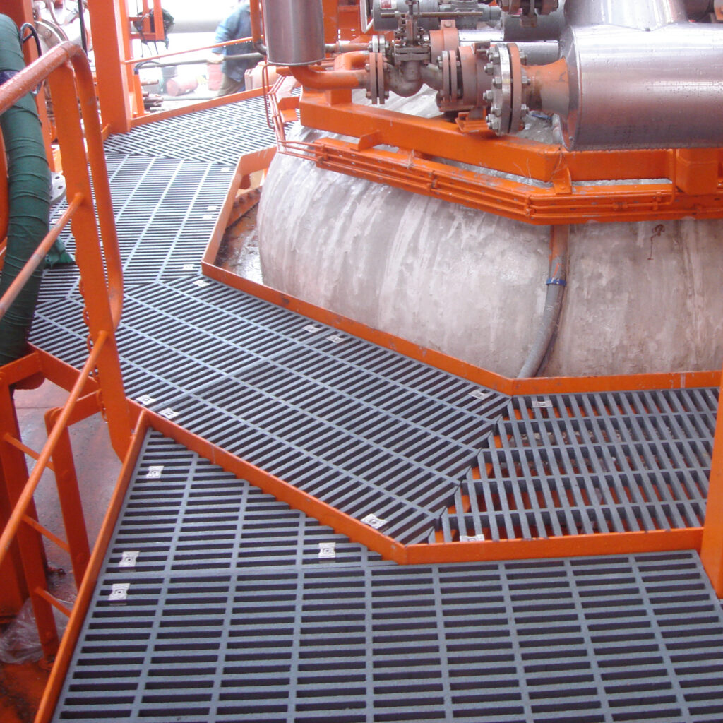 A maintenance platform fitted with grey GRP Phenolic Grating