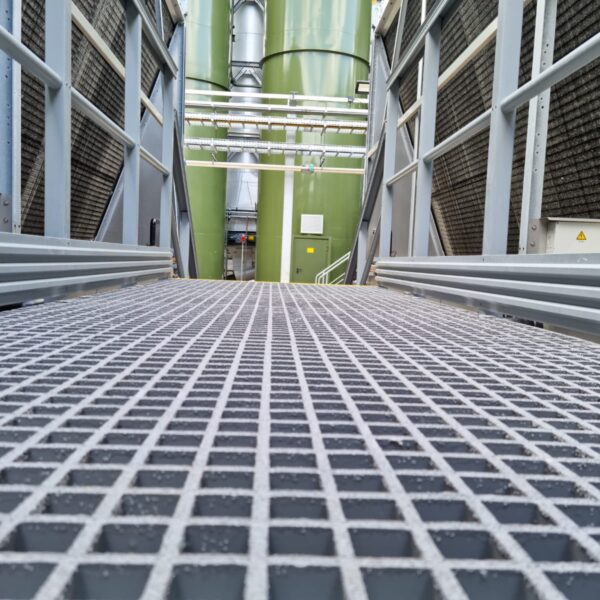 The anti-slip finish on our GRP Open Mesh Grating is ideal for steps and walkways
